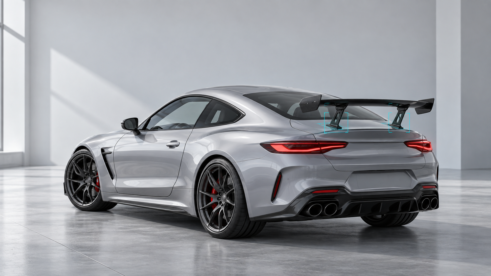 Concept visualization of a silver coupe with a virtual carbon-fiber rear wing