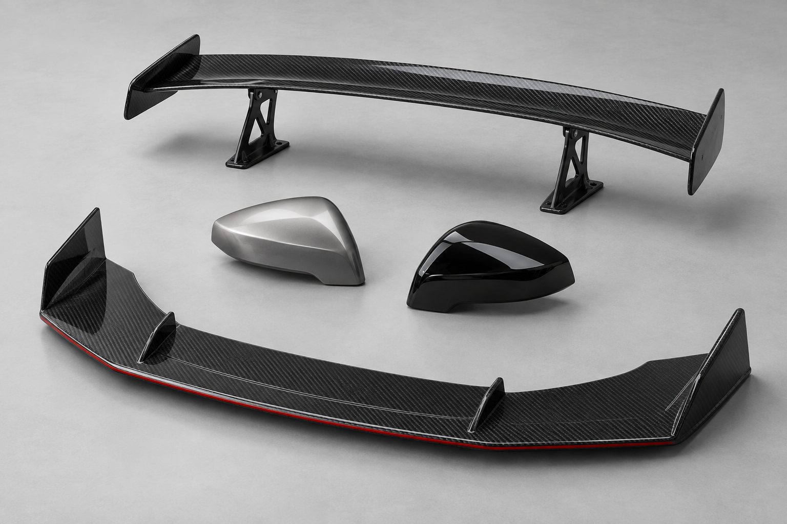 Concept collection of a rear wing, front splitter, and two mirror caps