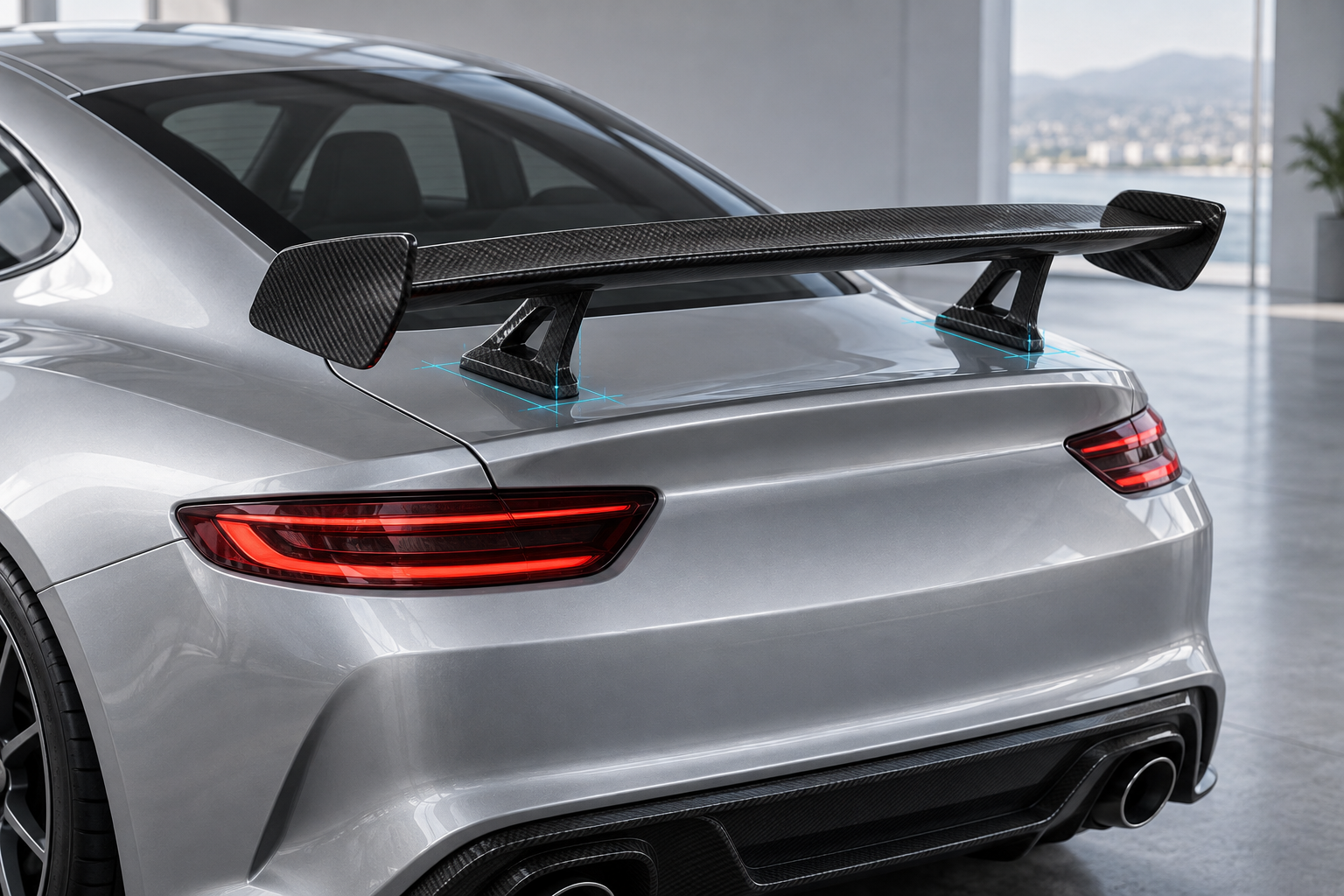 Concept close-up of a carbon-fiber rear wing aligned over a silver car's trunk